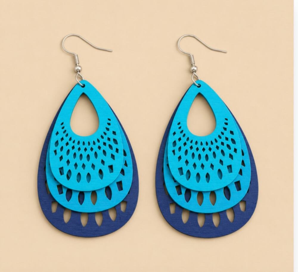 Teardrop Shape Layered Wooden Earrings Shades of Blue Lightweight